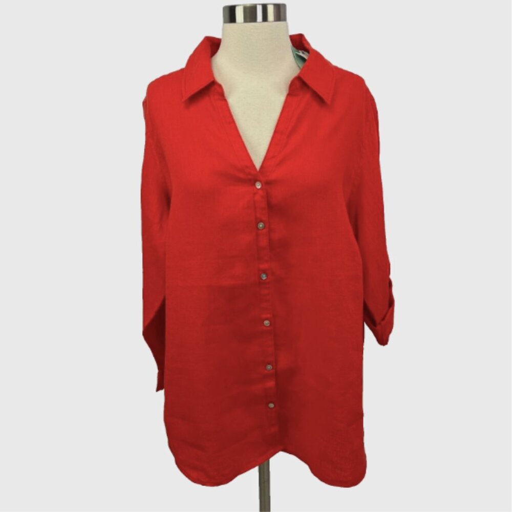 Sigrid Olsen NWT Womens 1X Shirt Red Orange Long Sleeve Button Up Roll Tab